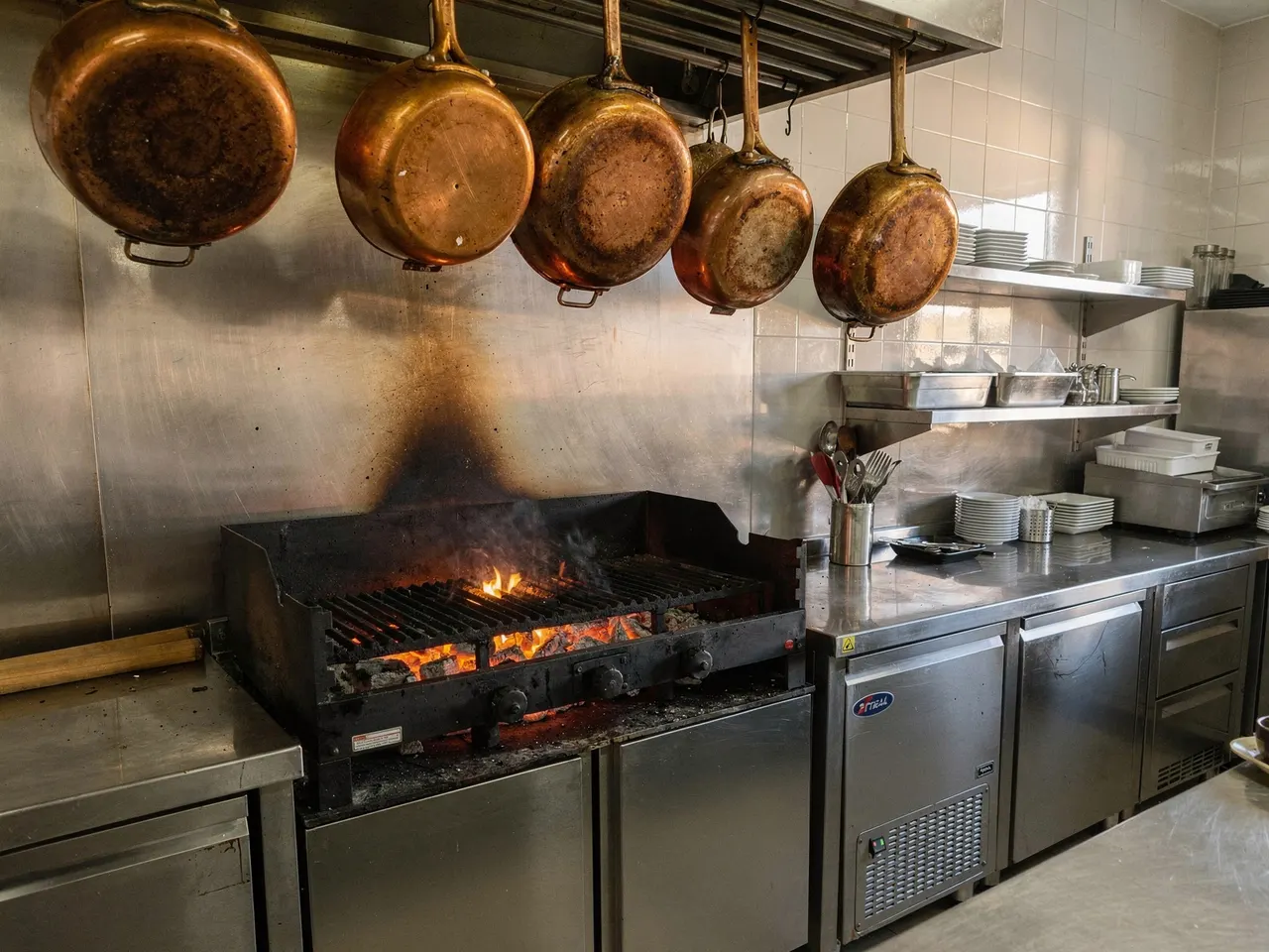 Parrilla con brasa viva en la cocina y cazos de cobre colgados encima